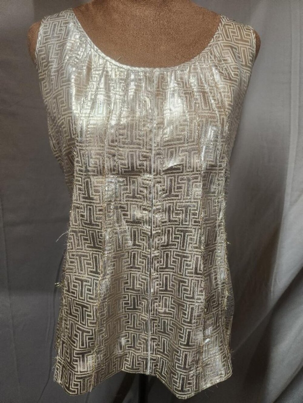 Tory Burch Gold Metallic Sleeveless Logo Silk Tank Sz 8 MSRP $130
